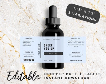 Editable Dropper Label - Essential Oil Bottle Label Template, Minimalist Label Design, Editable Label 2oz Bottle, Premade Product Label