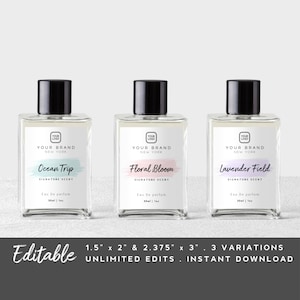 K&ouml;nnte beinhalten: Drei Glas-Parf&uuml;mflakons mit schwarzen Kappen und Etiketten. Die Etiketten sind wei&szlig; mit schwarzem Text und einem kleinen Logo. Die Flaschen sind mit "Ocean Trip", "Floral Bloom" und "Lavender Field" beschriftet. Jede Flasche hat einen Aquarell-Hintergrund in einer anderen Farbe. Die Flaschen sind 1,5 Zoll mal 2 Zoll und 2,375 Zoll mal 3 Zoll gro&szlig;.