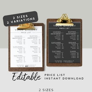 Plantilla de lista de precios minimalista: lista de precios personalizable, tamaño A4, tamaño carta de EE. UU., Imprimible en una pequeña tienda, Panadería de lista de precios, Pastel de menú de precios