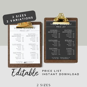 Minimalist Price List Template - Customizable Price List, A4 Size, US Letter Size, Small Shop Printable, Price List Bakery, Price Menu Cake