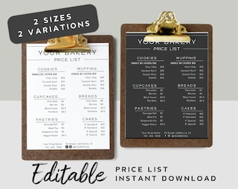 Plantilla minimalista de lista de precios - Lista de precios personalizable, tamaño A4, tamaño carta estadounidense, imprimible para pequeñas tiendas, lista de precios para panaderías, menú de precios de pasteles