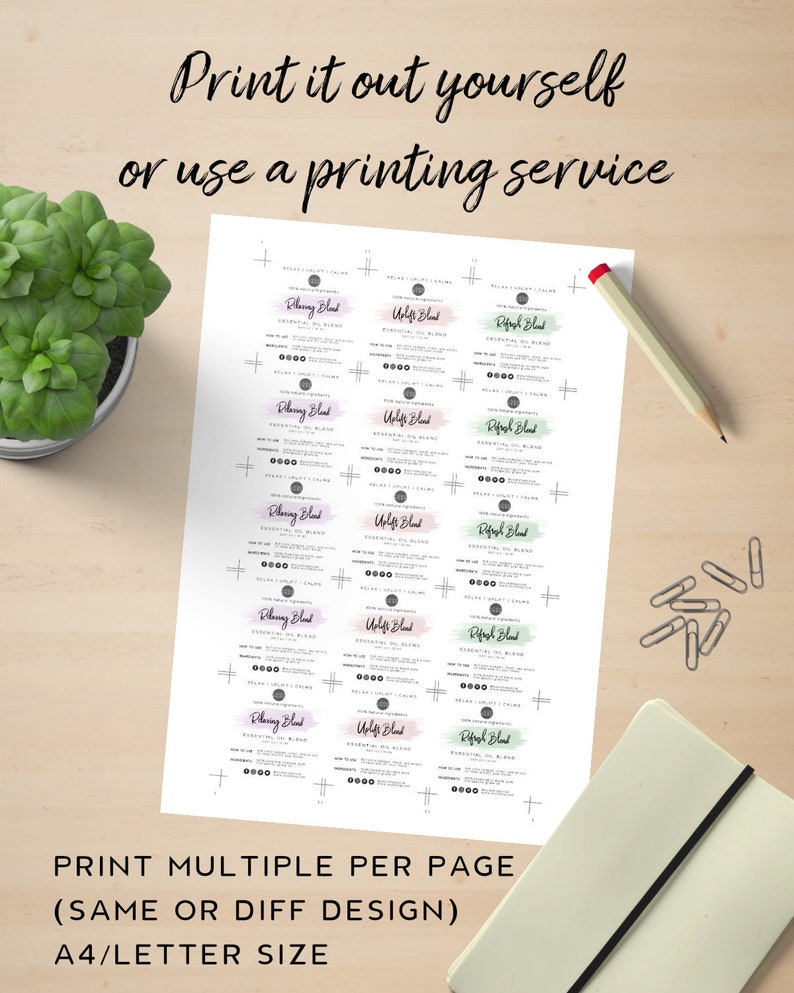 May include: Printable labels for essential oil blends. The labels are designed for a variety of blends, including "Relaxing Blend", "Uplift Blend", and "Refresh Blend". The labels are printed on white paper with a light gray border and feature a watercolor-style background.