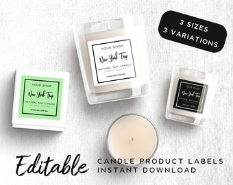 May include: Three candle jars with labels that say "Your Shop New York Trip Natural Soy Candle" in black text on a white background. The candle jars are on a white textured surface. The text "3 Sizes 3 Variations" is in black text on a white rectangle. The text "Editable Candle Product Labels Instant Download" is in black text on a white background.