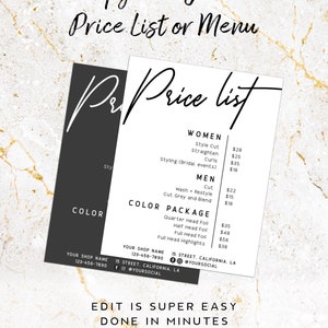 Puede incluir: Una plantilla de lista de precios en blanco y negro para una peluquer&iacute;a o barber&iacute;a. La plantilla incluye precios para servicios como cortes de pelo, estilismo y paquetes de color. El texto "Upgrade Your Price List or Menu" est&aacute; en la parte superior de la plantilla.