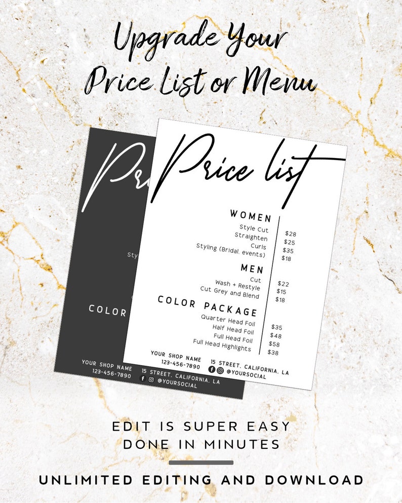 Puede incluir: Una plantilla de lista de precios en blanco y negro para una peluquer&iacute;a o barber&iacute;a. La plantilla incluye precios para servicios como cortes de pelo, estilismo y paquetes de color. El texto "Upgrade Your Price List or Menu" est&aacute; en la parte superior de la plantilla.