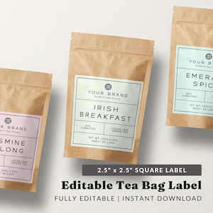 Modelo de etiqueta de embalagem de chá personalizado - Design de etiqueta para impressão, etiqueta de produto quadrada, etiqueta de chá editável, modelo de etiqueta de produto minimalista