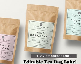Custom Tea Packaging Label Template - Printable Label Design, Square Product Label, Tea Label Editable, Minimalist Product Label Template