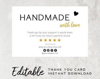 Bereit zum Drucken von Dankeskartenvorlagen - Shop-Review-Karte, handgefertigt mit Liebeskarte, digitaler Download, Corjl, bearbeitbare Dankeskartenkarte