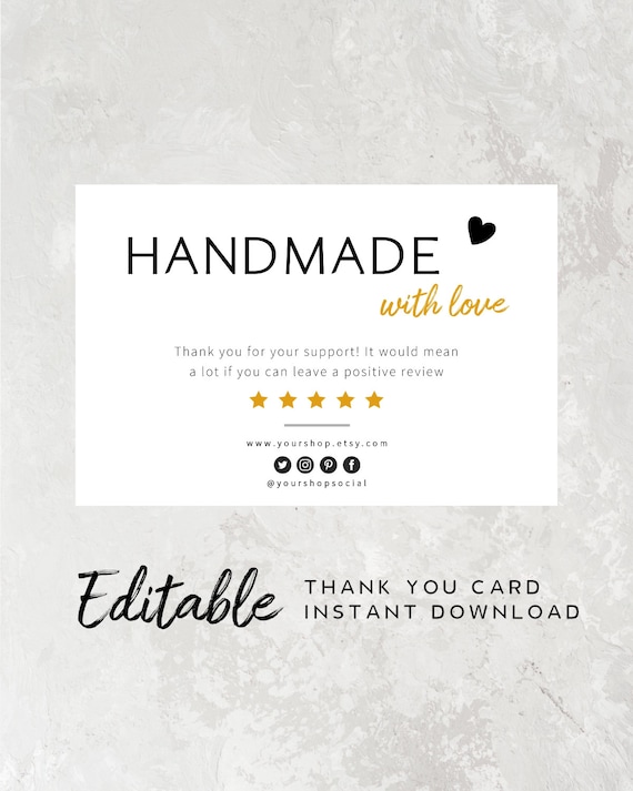 Ready To Print Thank You Card Template - Shop Review Card, Handmade With Love Card, Digital Download, Corjl, Editable Thank You Order Card