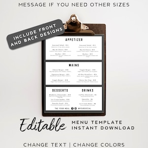 Plantilla de menú moderna imprimible: descarga instantánea del menú de cafetería, monocromo, diseño editable del menú del restaurante, marca del café, menú minimalista