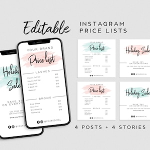 May include: Instagram price list templates with a modern design. The templates include price lists for lashes and brows, with a holiday sale promotion. The text is in black and the background is white with pastel accents.