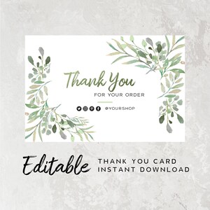 Bloemen Bedankkaart Business - Bestel Insert Card Bewerkbaar, Groen Dank u Kaarten Sjabloon, Etsy Verkoper Bestelkaart, Bladeren Pakket Insert