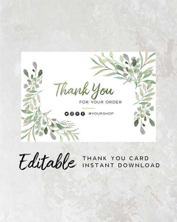 Floral Thank You Card Business - Order Insert Card Editable, Green Thank You Cards Template, Etsy Seller Order Card, Leaves Package Insert