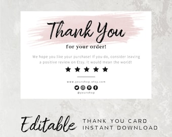 Thank You Card Ready To Print - DIY Template Thank You For Your Order Card, Business Order Insert Template, Editable Card Template