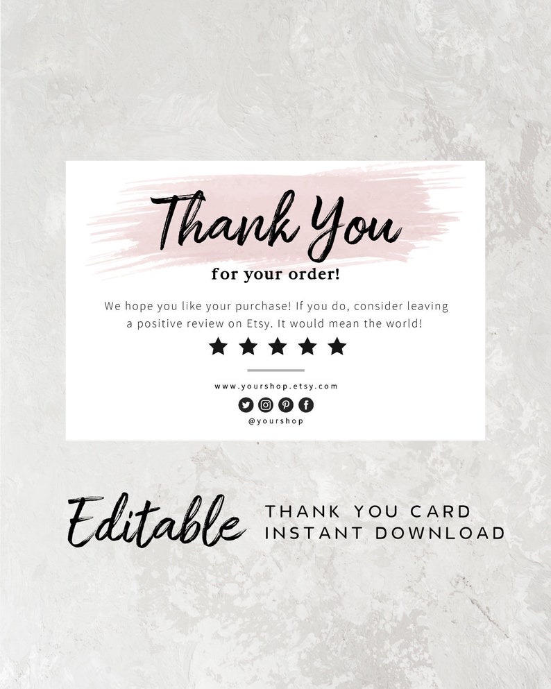 K&ouml;nnte beinhalten: Editierbare Dankeskarte mit einem rosafarbenen Aquarellhintergrund. Der Text lautet "Vielen Dank f&uuml;r Ihre Bestellung!" und enth&auml;lt eine F&uuml;nf-Sterne-Bewertung, eine Website-Adresse, Social-Media-Symbole und den Text "Editierbare Dankeskarte Sofort-Download".