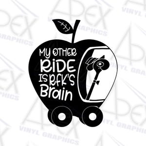May include: A black and white graphic of an apple-shaped vehicle with the text "MY OTHER RIDE IS RFK'S BRAIN." The vehicle has two wheels and a driver holding a key. The apple has a leaf on top.