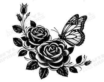 Calcomanía de mariposas y rosas / Calcomanía de vinilo / Floral / Naturaleza / Flores