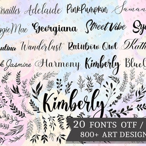 May include: A collection of 20 fonts in OTF and TTF formats, with over 800 art designs. The fonts are displayed in a variety of styles, including script, sans serif, and serif. The image also includes a variety of floral designs.
