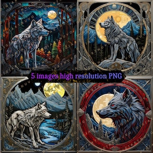 Wolf Stained Glass Tumbler Wrap Designs, High Quality Stain Glass Pattern for Tumblers, Decor, Scrapbook and DYI project, Commercial Use