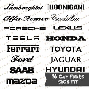 Puede incluir: Una colección de 16 diseños de fuentes de coches en negro, incluyendo logotipos como Lamborghini, Alfa Romeo, Porsche, Tesla, Ferrari, Ford, Saab y Mazda. También se incluye el texto "16 Car Fonts SVG & TTF".