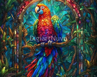 オウムのステンドグラスプリントセット：鮮やかな鳥の絵5枚（デジタル
