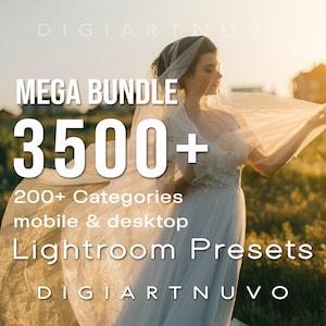 May include: A woman in a white dress and veil stands in a field, holding the veil. Text overlay reads "MEGA BUNDLE 3500+ Lightroom Presets" with additional text indicating 200+ categories for mobile and desktop. The Digiaartnuvo logo is at the bottom.