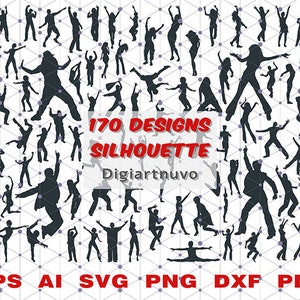 Könnte beinhalten: Eine Sammlung von 170 schwarzen Silhouetten von tanzenden Menschen. Der Text "170 Designs Silhouette" ist in Rot und Weiß. Der Text "Digiartnuvo" ist in Weiß. Der Text "EPS AI SVG PNG DXF PDF" ist in Schwarz.