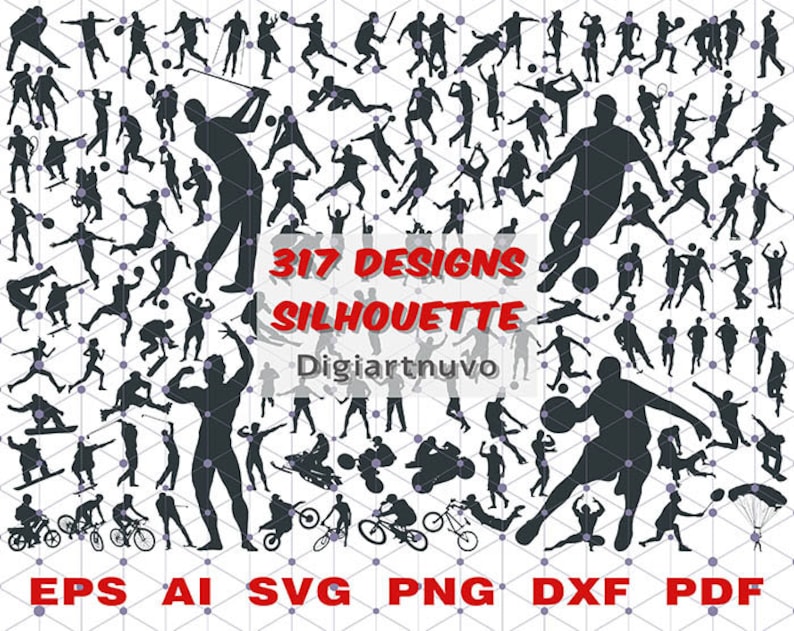Pode incluir: Uma cole&ccedil;&atilde;o de 317 designs de silhuetas pretas que retratam v&aacute;rios esportes e atividades. A imagem inclui figuras praticando golfe, basquete, ciclismo e muito mais. O texto inclui "317 DESIGNS SILHOUETTE" e op&ccedil;&otilde;es de tipo de arquivo: EPS, AI, SVG, PNG, DXF e PDF.