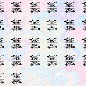 May include: A digital design featuring a repeating pattern of black and white Halloween-themed monograms. Each monogram features a spiderweb, bats, and pumpkins. The design is perfect for creating personalized Halloween crafts, such as t-shirts, mugs, and home decor.