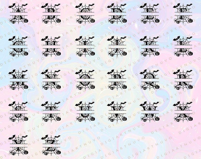 May include: A digital design featuring a repeating pattern of black and white Halloween-themed monograms. Each monogram features a spiderweb, bats, and pumpkins. The design is perfect for creating personalized Halloween crafts, such as t-shirts, mugs, and home decor.
