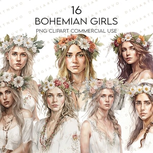 boho girl clipart, images boho girl, illustrations boho, fleur Boho, stock art numérique, artisanat numérique, clipart numérique, utilisation commerciale
