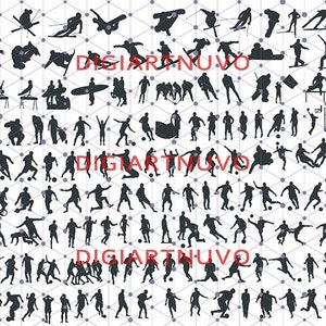 Pode incluir: Uma cole&ccedil;&atilde;o de ilustra&ccedil;&otilde;es de silhuetas pretas que retratam v&aacute;rias atividades esportivas. A imagem inclui figuras praticando esqui, snowboard, futebol, gin&aacute;stica e muito mais. A palavra "DIGIARTNUVO" est&aacute; impressa em vermelho na imagem.