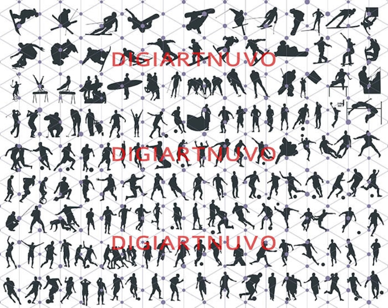 Pode incluir: Uma cole&ccedil;&atilde;o de ilustra&ccedil;&otilde;es de silhuetas pretas que retratam v&aacute;rias atividades esportivas. A imagem inclui figuras praticando esqui, snowboard, futebol, gin&aacute;stica e muito mais. A palavra "DIGIARTNUVO" est&aacute; impressa em vermelho na imagem.