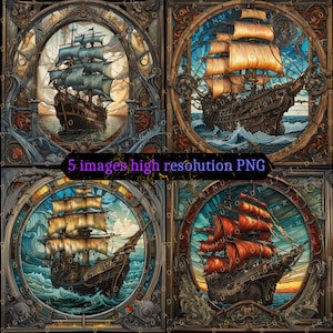 Ship Stained Glass PNG Bundle, PNG Ship, for Tumbler Wrap Designs, Faux Stained Glass, glass clipart, stain glass pattern, Commercial Use