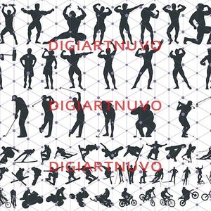 Pode incluir: Uma cole&ccedil;&atilde;o de ilustra&ccedil;&otilde;es de silhuetas pretas que retratam v&aacute;rias atividades esportivas e de fitness. A imagem inclui figuras levantando pesos, jogando golfe, esquiando, fazendo snowboard e ciclismo. O fundo apresenta um padr&atilde;o geom&eacute;trico.