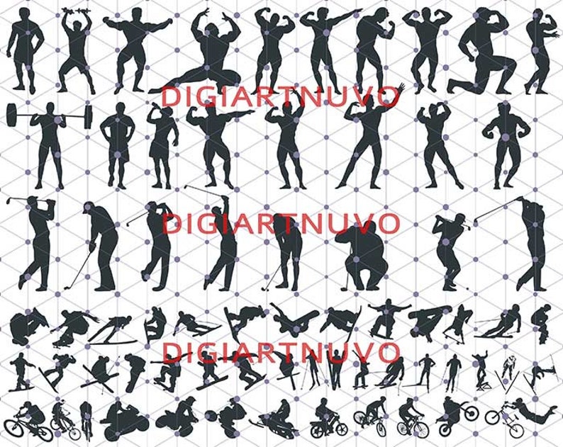 Pode incluir: Uma cole&ccedil;&atilde;o de ilustra&ccedil;&otilde;es de silhuetas pretas que retratam v&aacute;rias atividades esportivas e de fitness. A imagem inclui figuras levantando pesos, jogando golfe, esquiando, fazendo snowboard e ciclismo. O fundo apresenta um padr&atilde;o geom&eacute;trico.