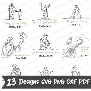 May include: Collection of 13 line art designs featuring religious figures and quotes from the Bible. The black and white illustrations include Jesus with children, a dove, and inspirational text. Formats include SVG, PNG, DXF, and PDF.