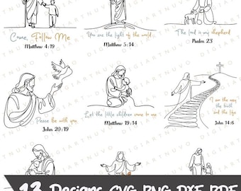 May include: A set of 13 line art designs depicting religious figures and Bible verses. The black and white illustrations show Jesus with children, a dove, and inspirational text. Available in SVG, PNG, DXF, and PDF formats.