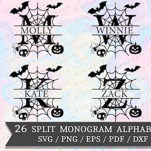 May include: Four black and white split monogram alphabet designs featuring a spider web, bats, and pumpkins. The letters are M, W, K, and Z. The text below the designs reads "26 Split Monogram Alphabets SVG/PNG/EPS/PDF/DXF".