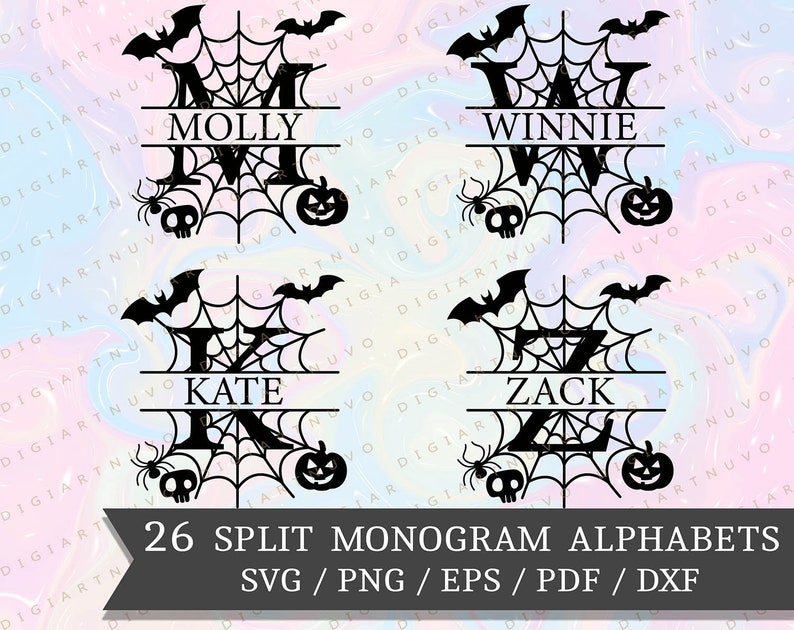 May include: Four black and white split monogram alphabet designs with a spider web, bats, and pumpkins. The letters are M, W, K, and Z. The text below the designs reads "26 Split Monogram Alphabets SVG/PNG/EPS/PDF/DXF".
