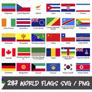 Puede incluir: Una colección de banderas del mundo, incluyendo las de Daguestán, República Checa, Chipre, Cuba y Croacia. La imagen también presenta banderas de Costa de Marfil, Costa Rica, Islas Cook, etc. El texto en la parte inferior dice "287 WORLD FLAGS SVG / PNG."