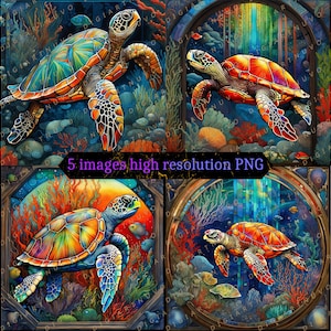 Meeresschildkröte Glasmalerei Muster Bundle Perfekt für Becher Sublimation, Kunsthandwerk, Wandkunst, Scrapbook, digitaler Download, kommerzielle Nutzung