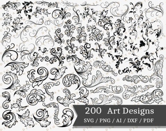 May include: A collection of 200 black and white vector art designs featuring intricate floral and scroll patterns. The designs are perfect for creating invitations, cards, and other decorative projects.  SVG, PNG, AI, DXF, and PDF file formats are included.