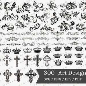 Puede incluir: Una colección de 300 diseños de arte vectorial en blanco y negro, que incluyen patrones florales, coronas y cruces. Los diseños están disponibles en los formatos SVG, PNG, EPS y PDF.