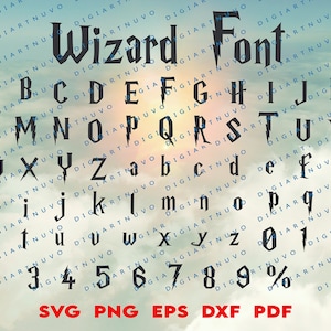 May include: A black and white image of a font called "Wizard Font". The font is a stylized, gothic-inspired font with a lightning bolt design. The alphabet is shown in uppercase letters, numbers, and a percentage symbol.