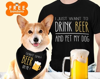 Matching Dog Owner Set, Dog Costume, Beer Lover Shirts, Gifts for Man Dad Grandpa, Shirt and Dog Bandana Set, Funny Bandana
