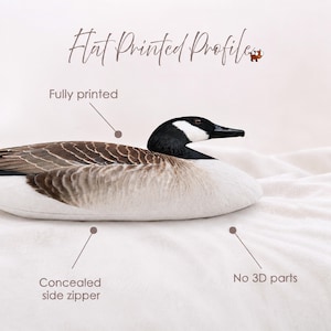 May include: A flat printed profile of a Canada goose with a black head and neck, white cheek patch, and brown and white body. The image includes text labels: Flat Printed Profile, Fully printed, Concealed side zipper, and No 3D parts.