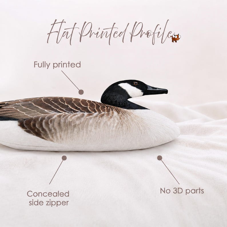 May include: A flat printed profile of a Canada goose with a black head and neck, white cheek patch, and brown and white body. The image includes text labels: Flat Printed Profile, Fully printed, Concealed side zipper, and No 3D parts.