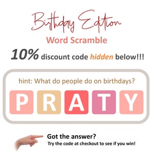 Op de afbeelding: Een woordpuzzel met een verjaardags thema met een verborgen kortingscode van 10% in de letters. De letters zijn P, R, A, T en Y. De hint is "Wat doen mensen op verjaardagen?"