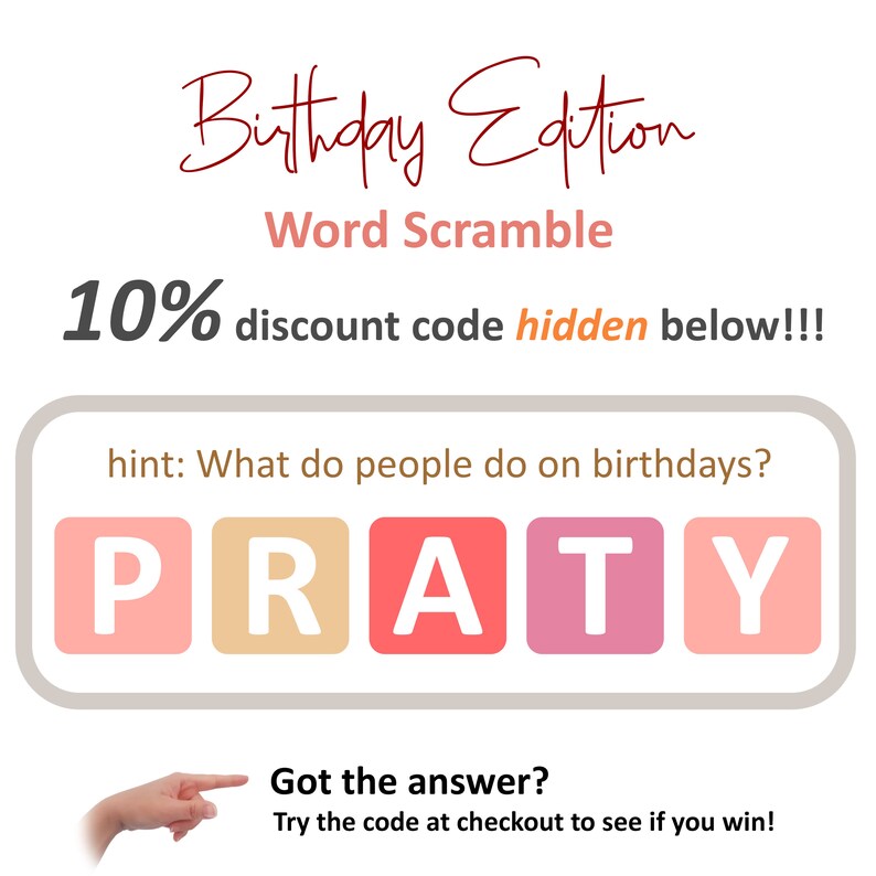 Op de afbeelding: Een woordpuzzel met een verjaardags thema met een verborgen kortingscode van 10% in de letters. De letters zijn P, R, A, T en Y. De hint is "Wat doen mensen op verjaardagen?"